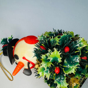 Vintage Snowman Holly Ball Wind Chime | Kitsch Christmas Hanging Decor | Top Hat Earmuffs Pipe | Brass Tone Chimes | 19” Long