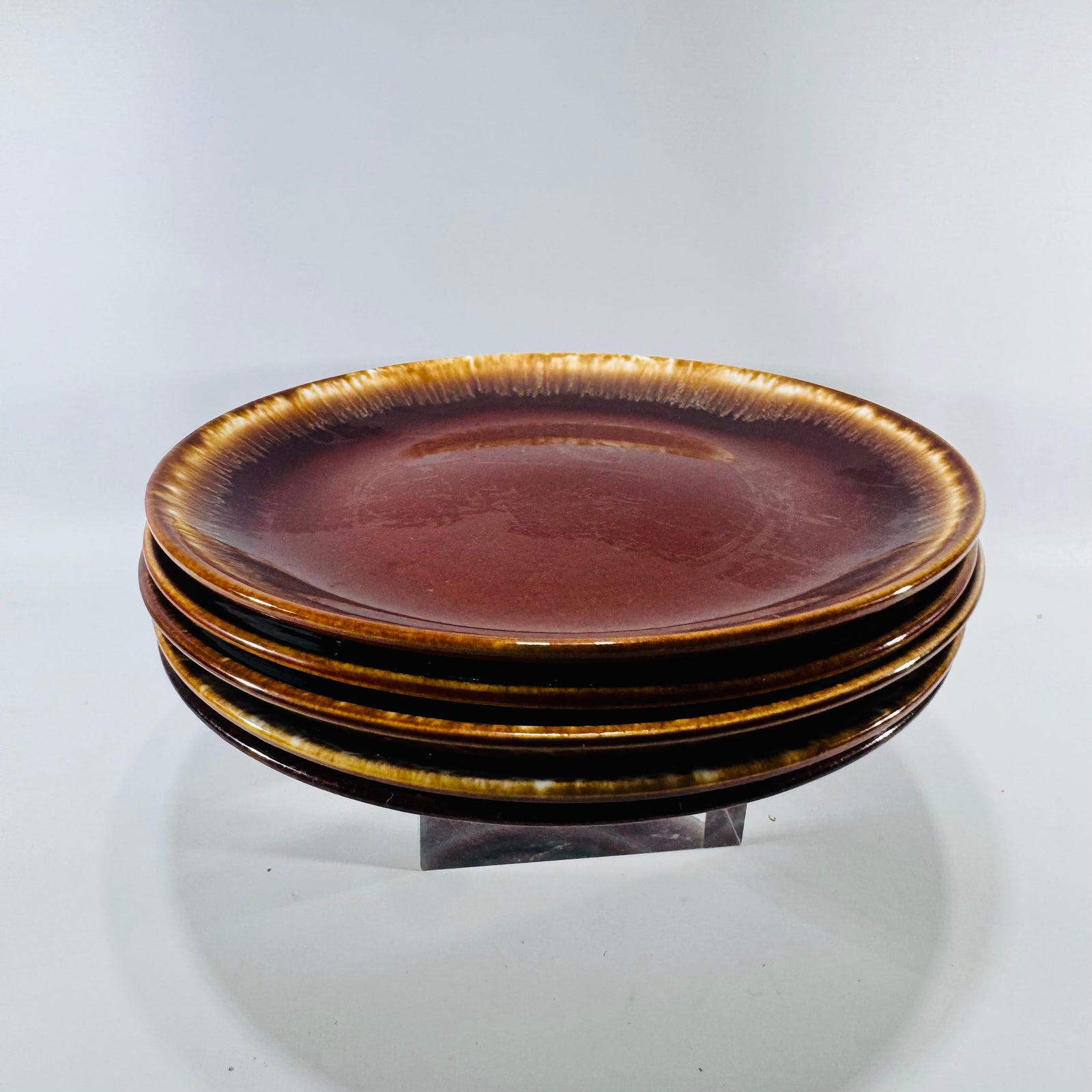 Brown Drip Glaze Pottery Side Plates Mid Century Set of 5 Lot