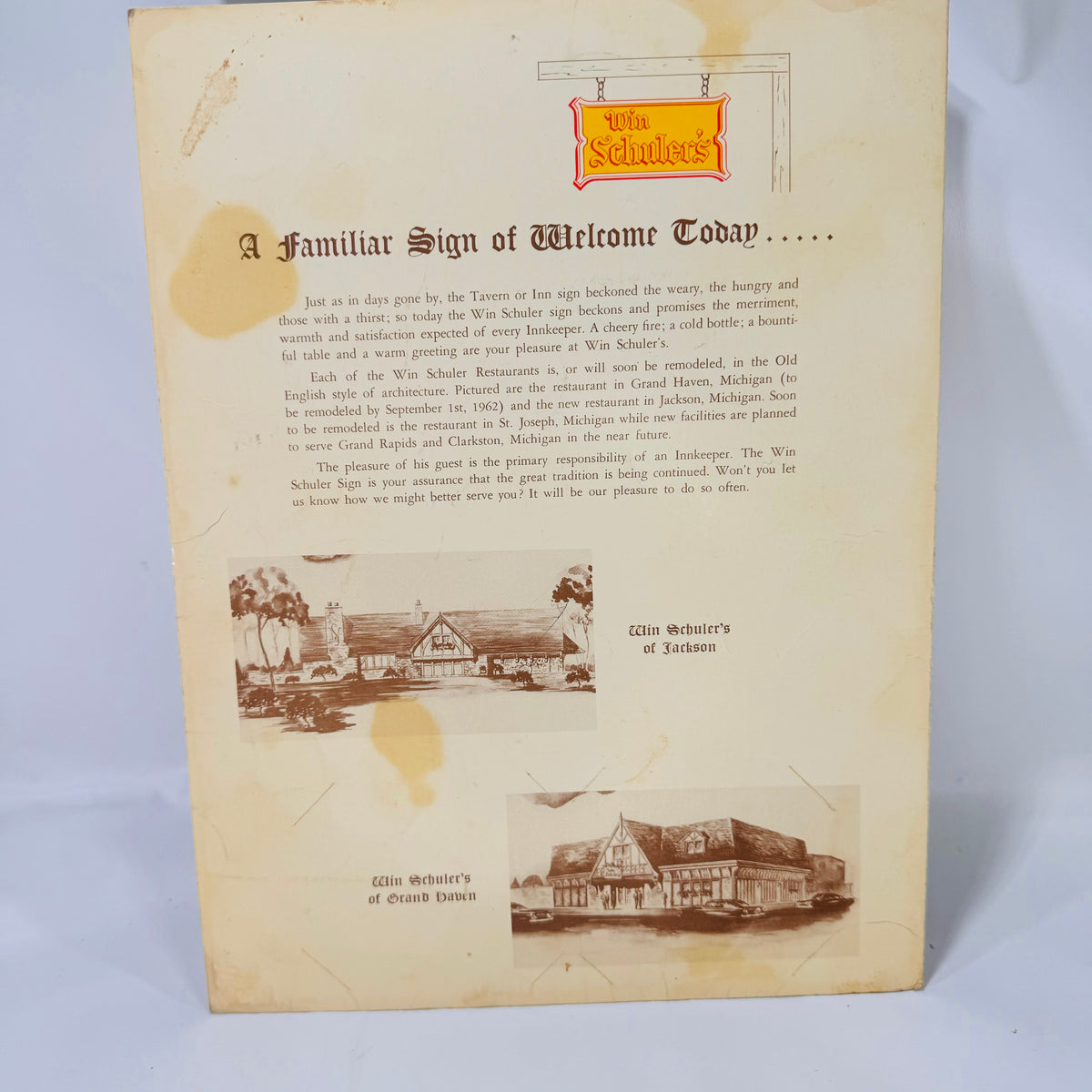 Vintage Win Schuler's Restaurant Main Menu Dessert & A La Carte 1962 Michigan