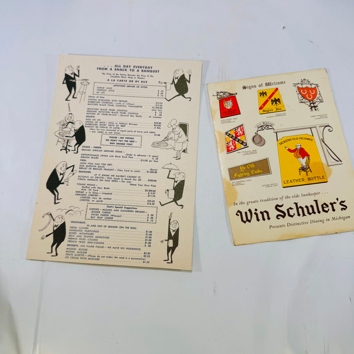 Vintage Win Schuler's Restaurant Main Menu Dessert & A La Carte 1962 Michigan