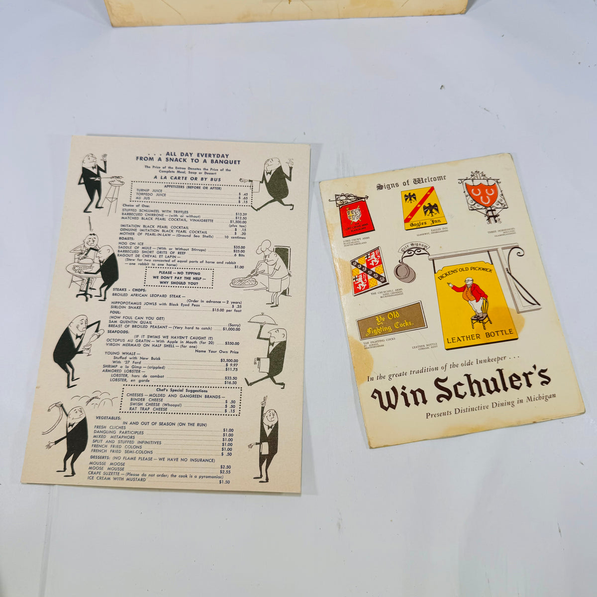 Vintage Win Schuler's Restaurant Main Menu Dessert & A La Carte 1962 Michigan