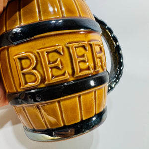 Vintage Barrel “BEER” Mug Tankard | Amber Brown Ceramic Barware (4.5x3)