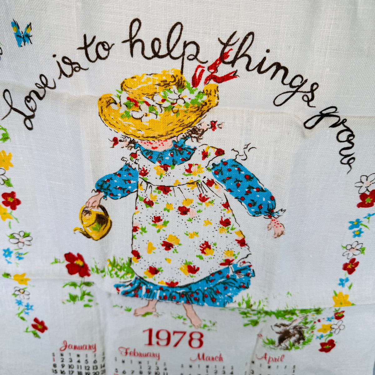 Vintage 1978 Calendar Tea Towel Wall Hanging | Love Is To Help Things Grow