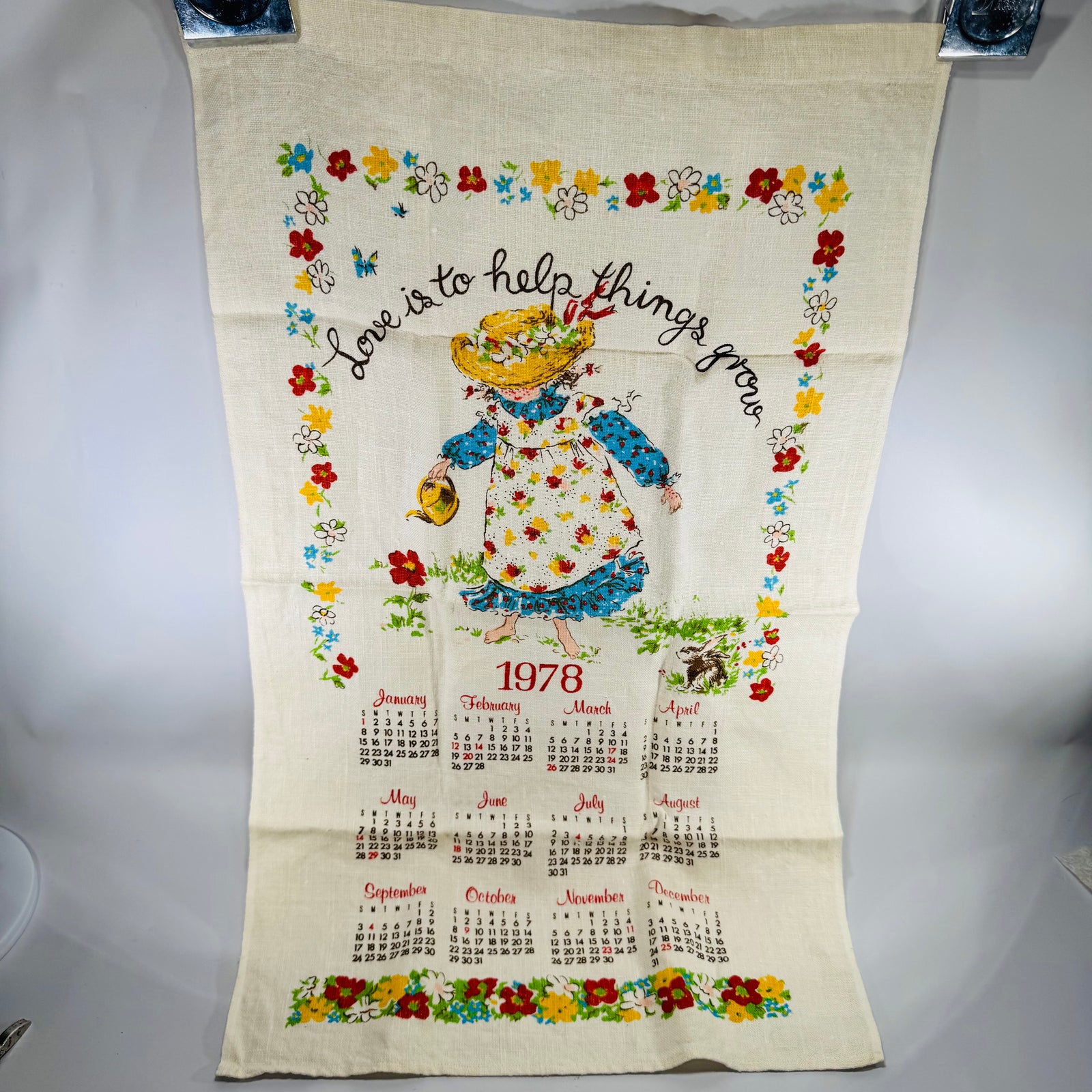 Vintage 1978 Calendar Tea Towel Wall Hanging | Love Is To Help Things Grow