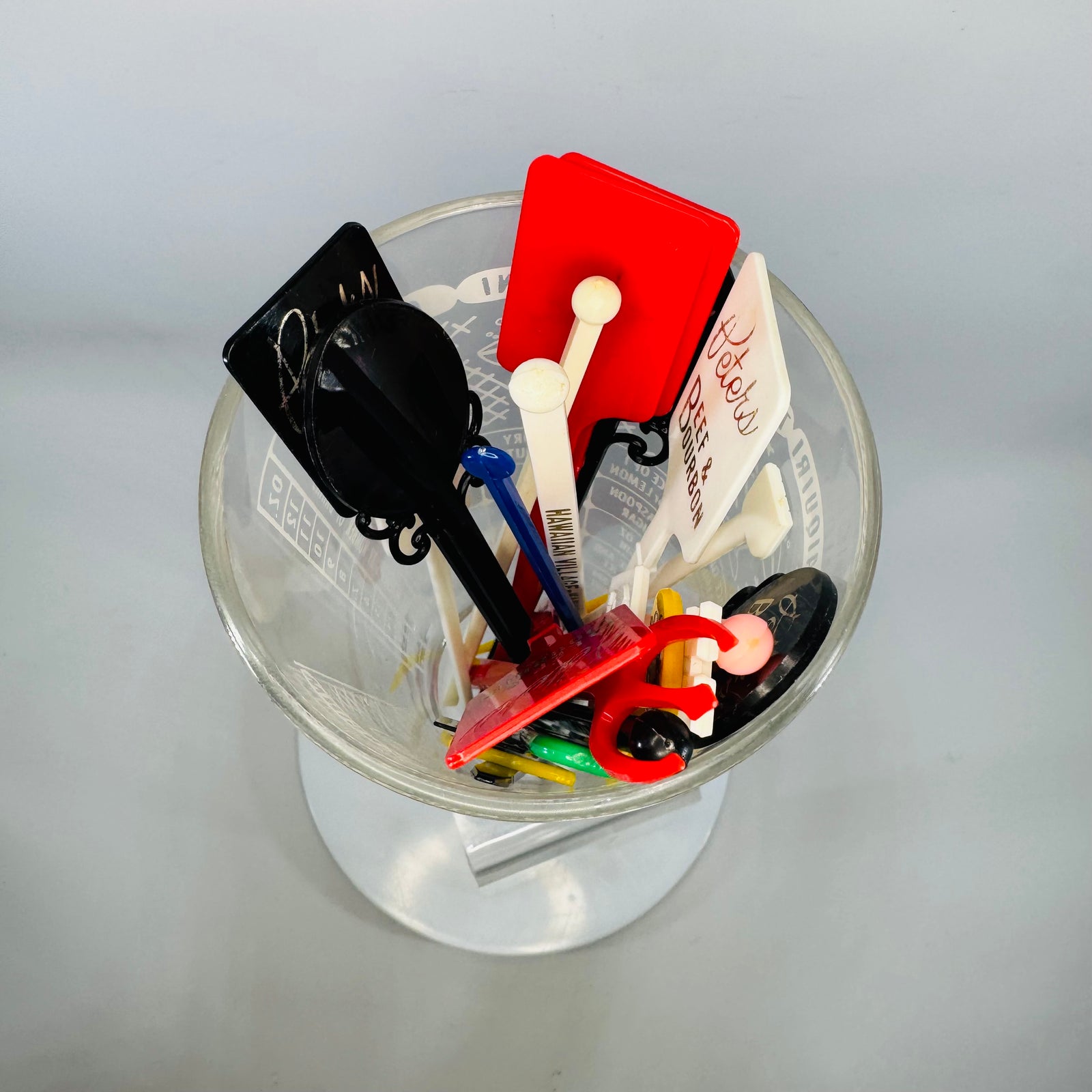 Vintage Cocktail Recipe Mixing Glass + 26 Swizzle Sticks | Mid-Century Barware