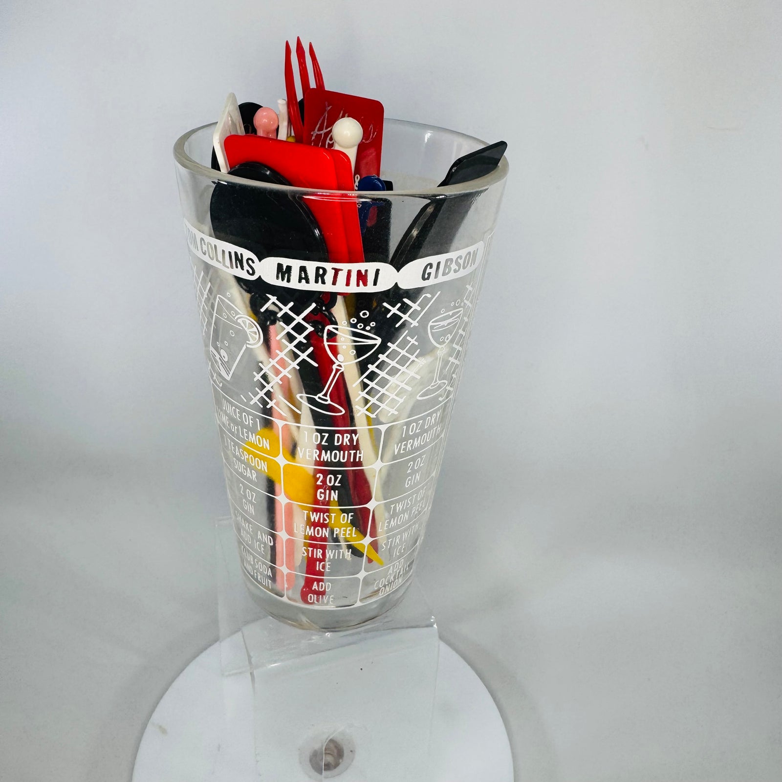 Vintage Cocktail Recipe Mixing Glass + 26 Swizzle Sticks | Mid-Century Barware