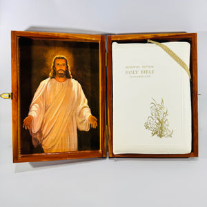 Memorial Edition Holy Bible (1958) w/ Concordance – White Zipper Cover in Wooden Presentation Box | Vintage Christian Reference