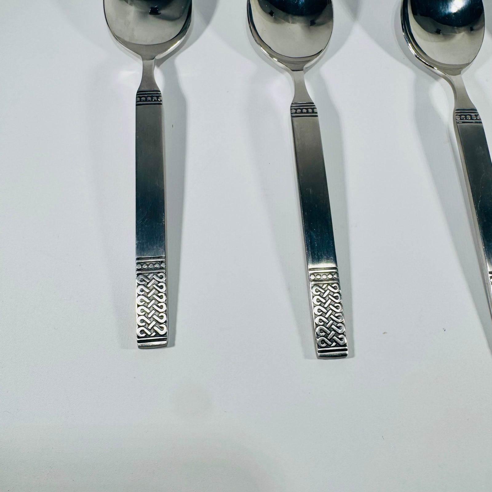 Danika Stainless Steel Oval Soup Spoons Bundle of 4, MSI Japan Flatware, Celtic Knot Handle, Vintage Discontinued Silverware