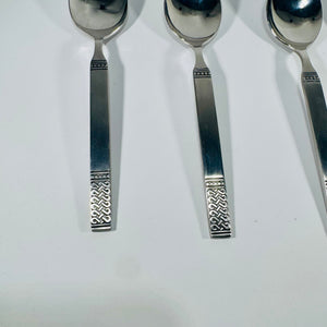 Danika Stainless Steel Oval Soup Spoons Bundle of 4, MSI Japan Flatware, Celtic Knot Handle, Vintage Discontinued Silverware