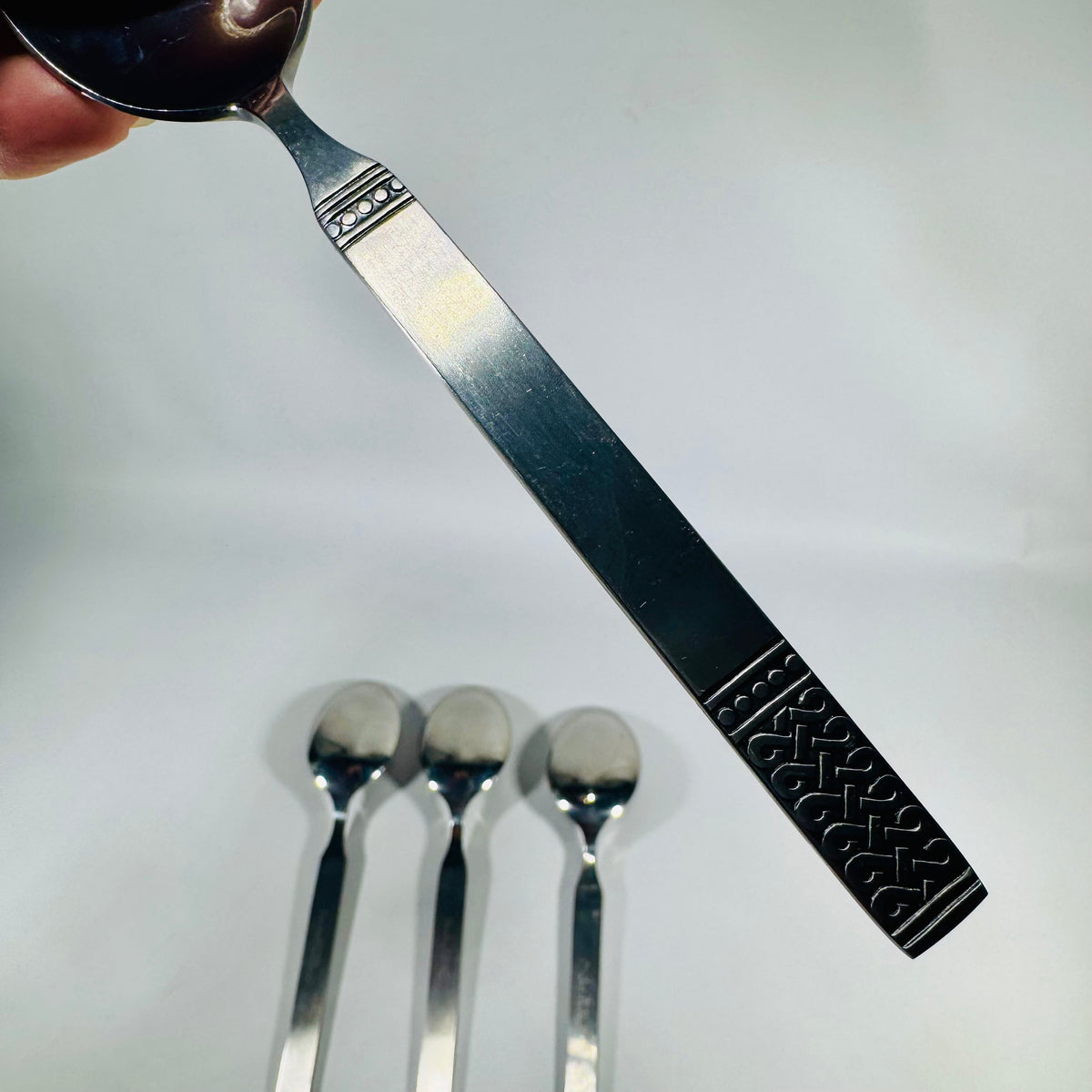 Danika Stainless Steel Oval Soup Spoons Bundle of 4, MSI Japan Flatware, Celtic Knot Handle, Vintage Discontinued Silverware