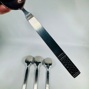 Danika Stainless Steel Oval Soup Spoons Bundle of 4, MSI Japan Flatware, Celtic Knot Handle, Vintage Discontinued Silverware