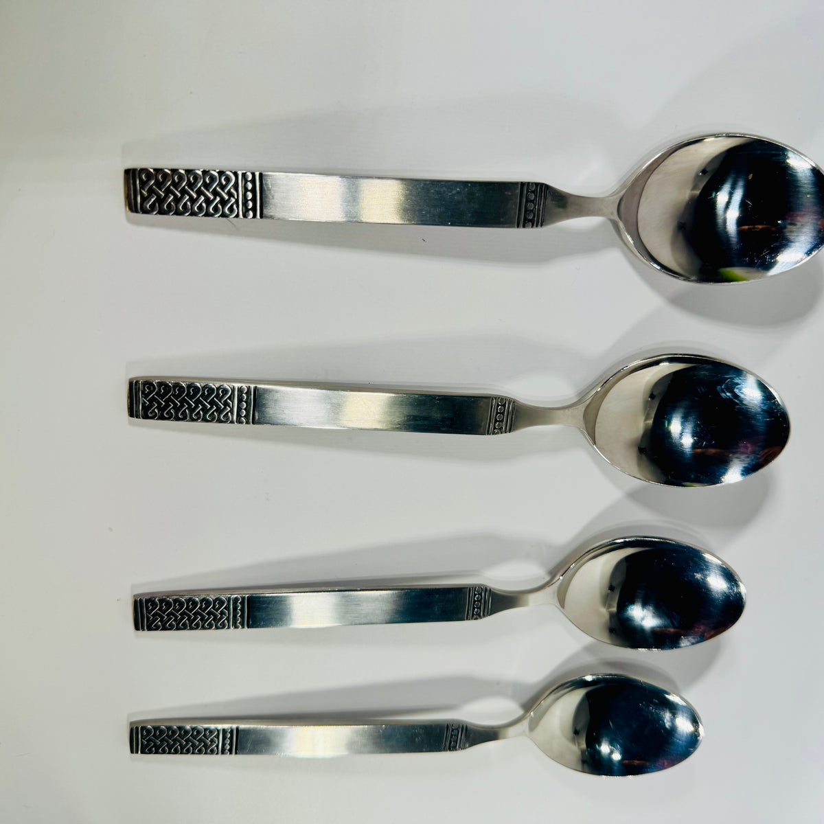 Danika Stainless Steel Oval Soup Spoons Bundle of 4, MSI Japan Flatware, Celtic Knot Handle, Vintage Discontinued Silverware