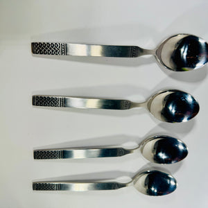 Danika Stainless Steel Oval Soup Spoons Bundle of 4, MSI Japan Flatware, Celtic Knot Handle, Vintage Discontinued Silverware