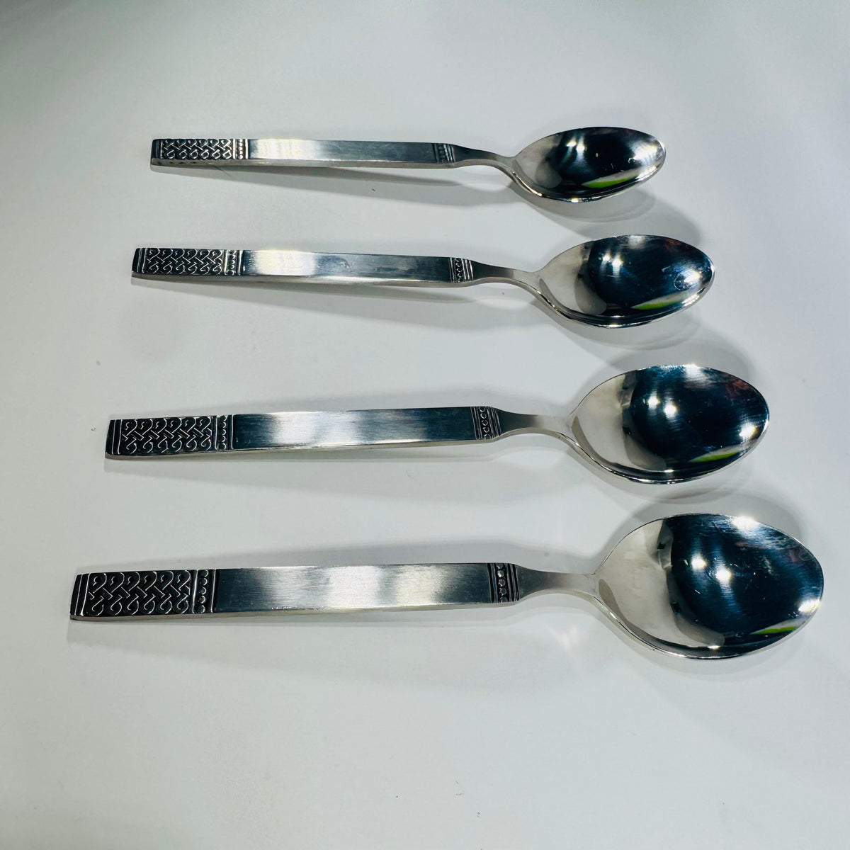 Danika Stainless Steel Oval Soup Spoons Bundle of 4, MSI Japan Flatware, Celtic Knot Handle, Vintage Discontinued Silverware