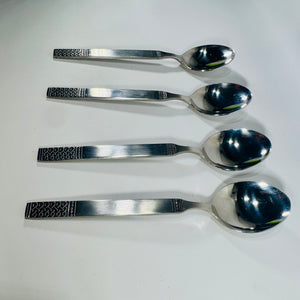 Danika Stainless Steel Oval Soup Spoons Bundle of 4, MSI Japan Flatware, Celtic Knot Handle, Vintage Discontinued Silverware