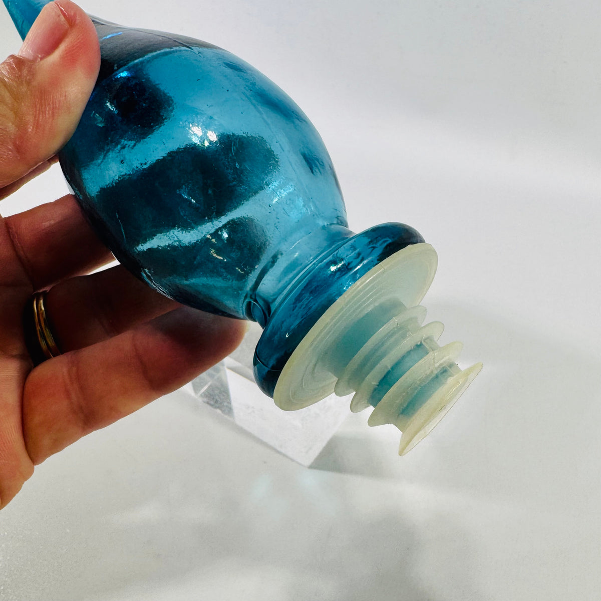 Turquoise Art Glass Flame Decanter Stopper 1960s 6.5 Inch
