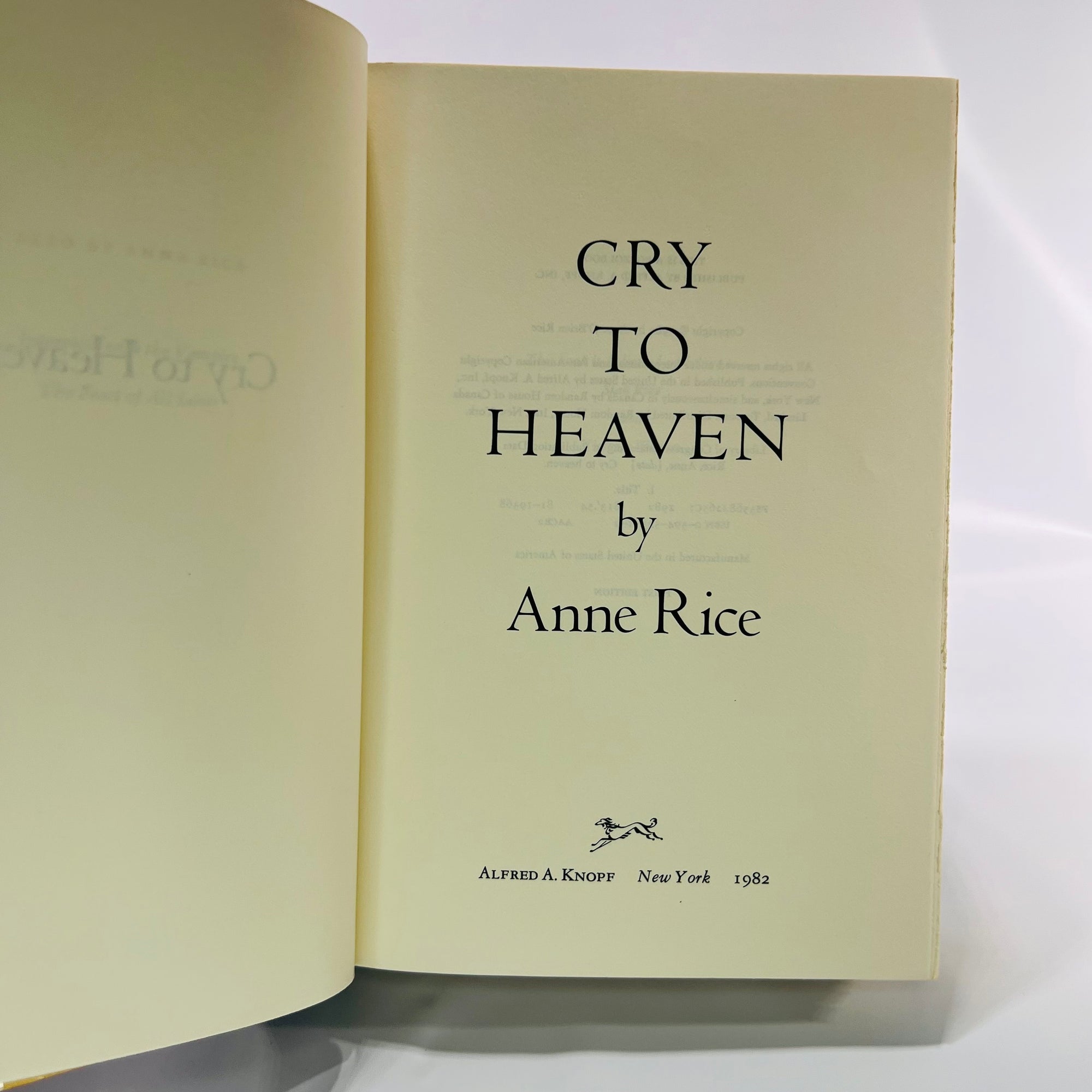 Cry to Heaven a novel by Anne Rice 1982 First Edition Alfred A. Knopf