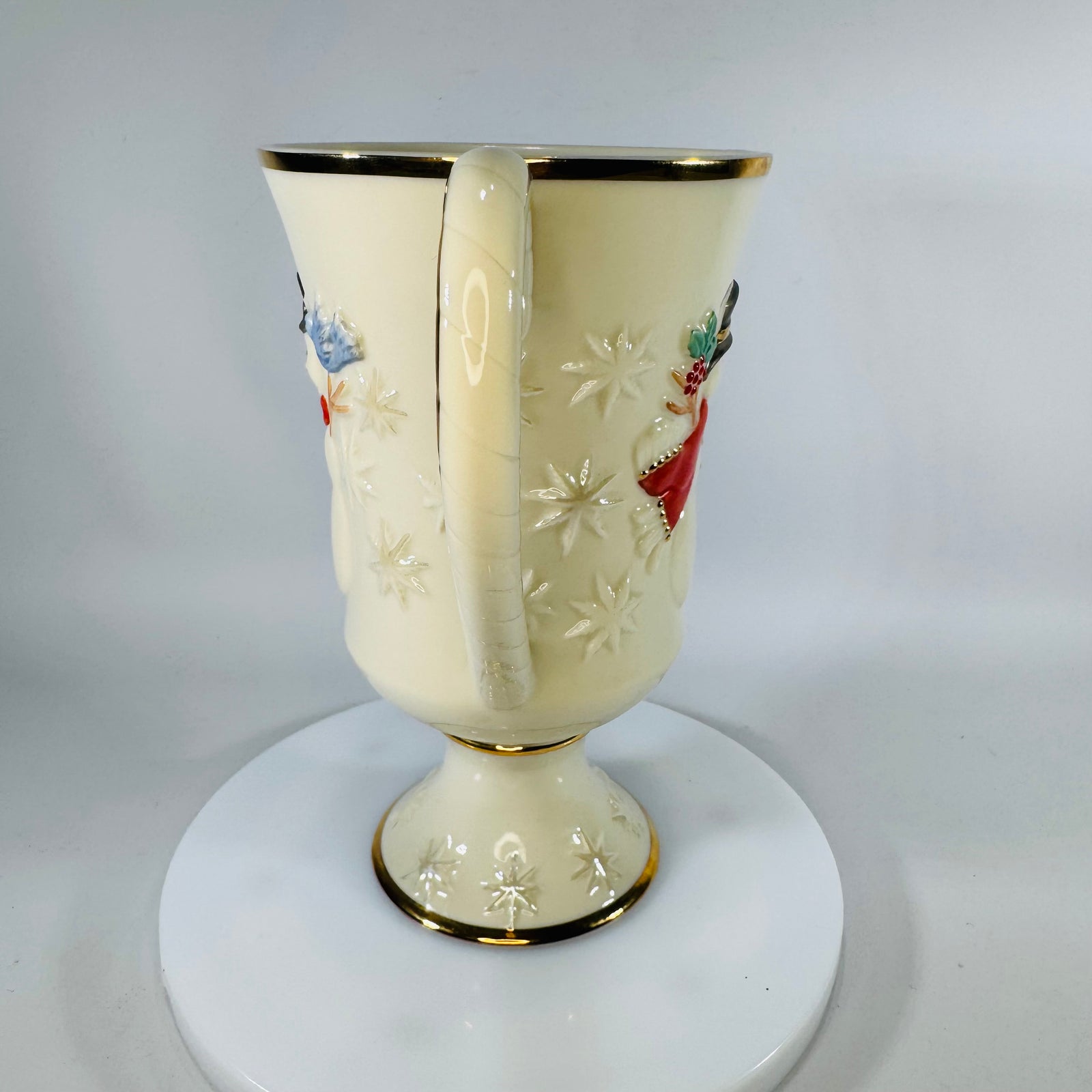 Lenox Very Merry Snowman Mug 16 oz, Gold Trim Porcelain Pedestal Cup, Discontinued Holiday Mug, 6” Tall Christmas Cocoa Mug