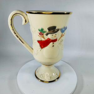 Lenox Very Merry Snowman Mug 16 oz, Gold Trim Porcelain Pedestal Cup, Discontinued Holiday Mug, 6” Tall Christmas Cocoa Mug