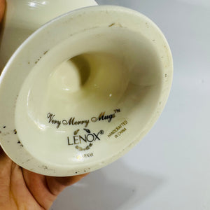 Lenox Very Merry Snowman Mug 16 oz, Gold Trim Porcelain Pedestal Cup, Discontinued Holiday Mug, 6” Tall Christmas Cocoa Mug