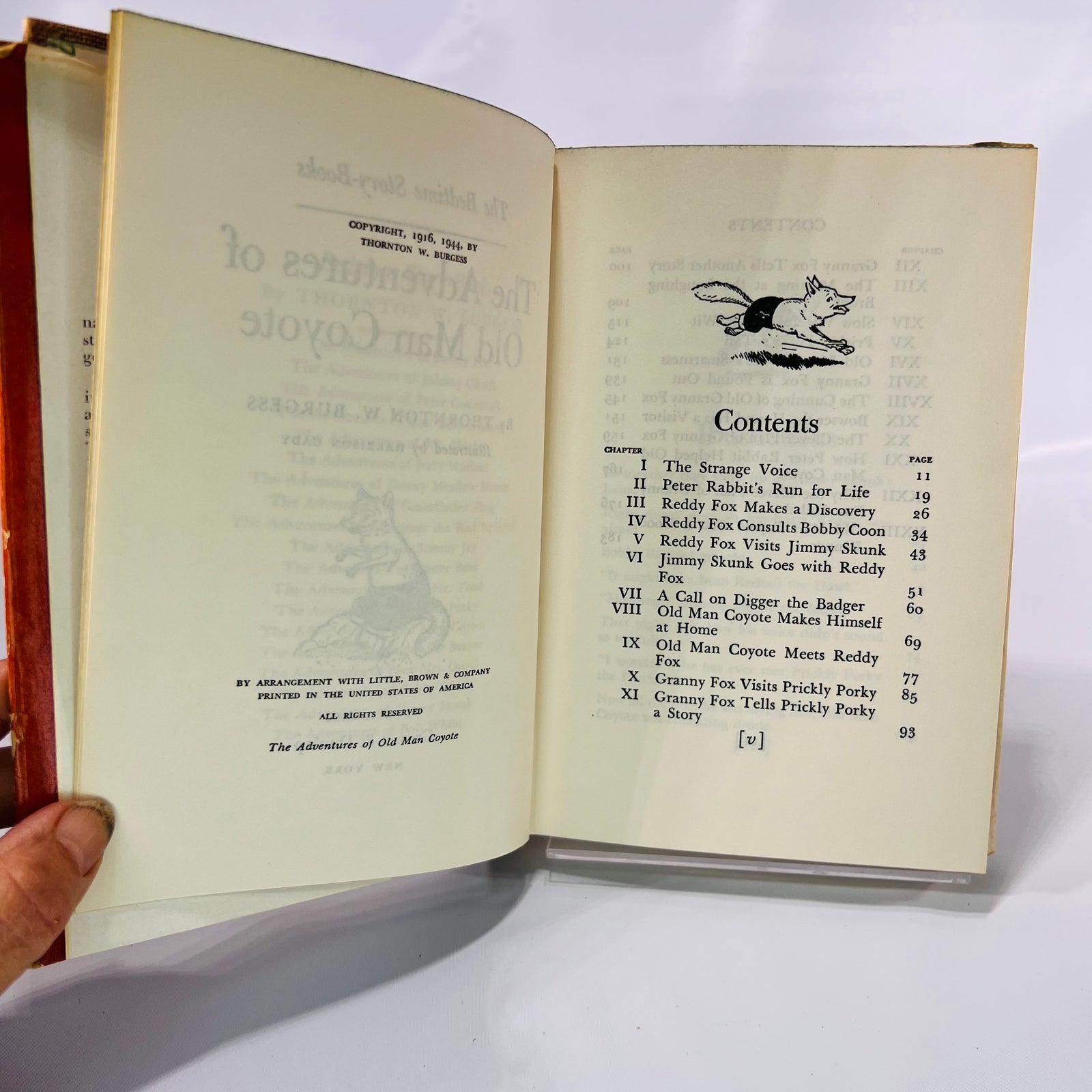 Copyright 1916 and 1944 page and contents, The Adventures of Old Man Coyote