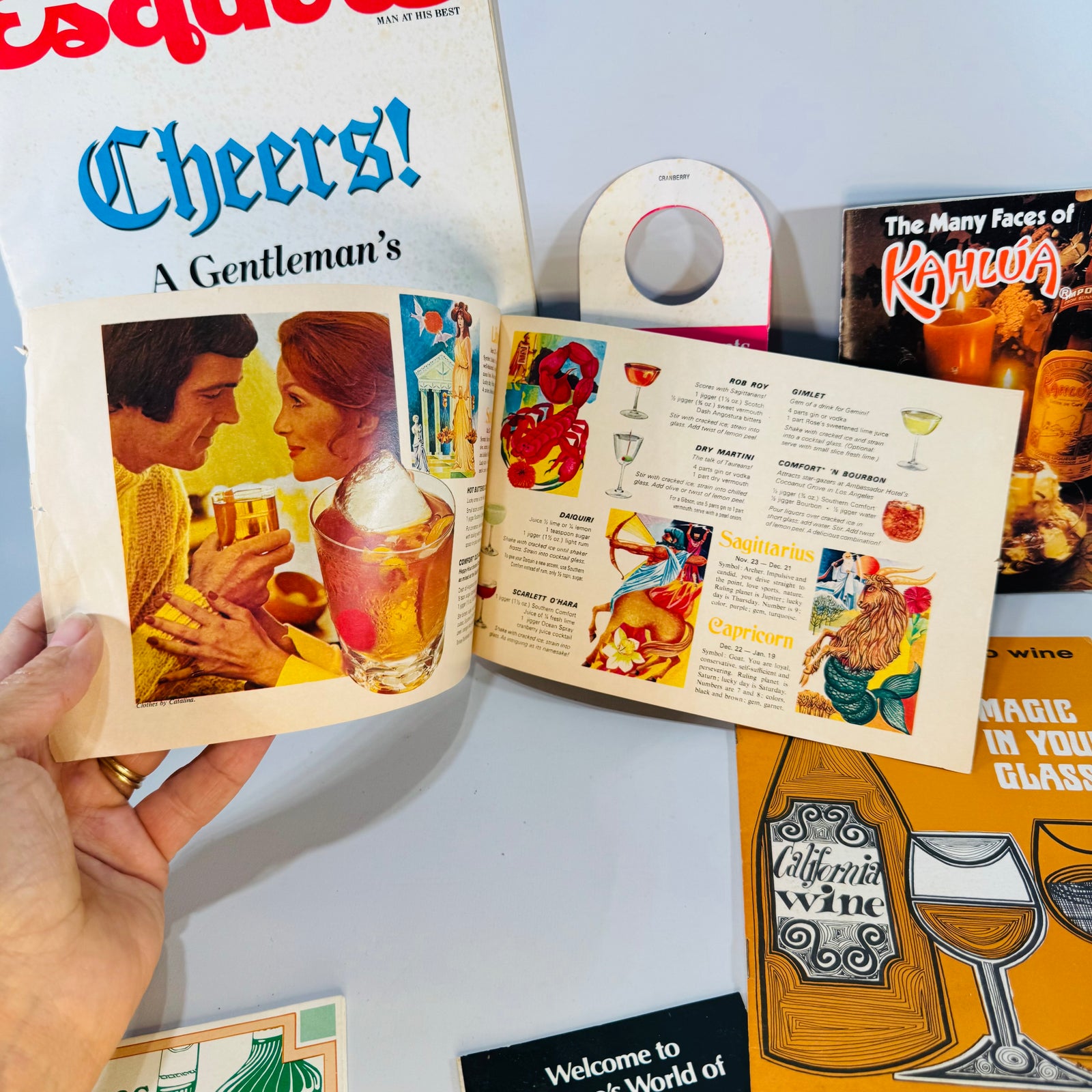 Vintage Cocktail Recipe Ephemera Bundle — Esquire Cheers! Supplement + Kahlúa, Galliano, Wine & Cordial Booklets (1966–1981) — Editors of Esquire and assorted makers | Retro bar paper lot, Cocktail & Wine Ephemera