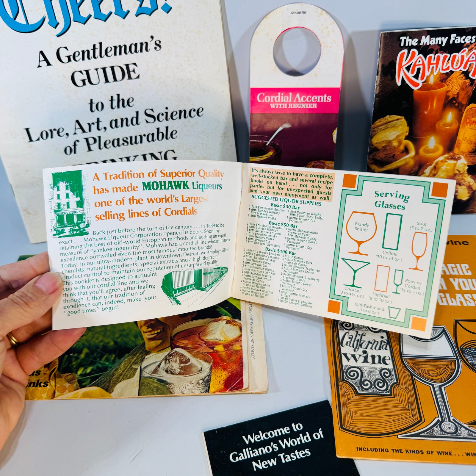 Vintage Cocktail Recipe Ephemera Bundle — Esquire Cheers! Supplement + Kahlúa, Galliano, Wine & Cordial Booklets (1966–1981) — Editors of Esquire and assorted makers | Retro bar paper lot, Cocktail & Wine Ephemera