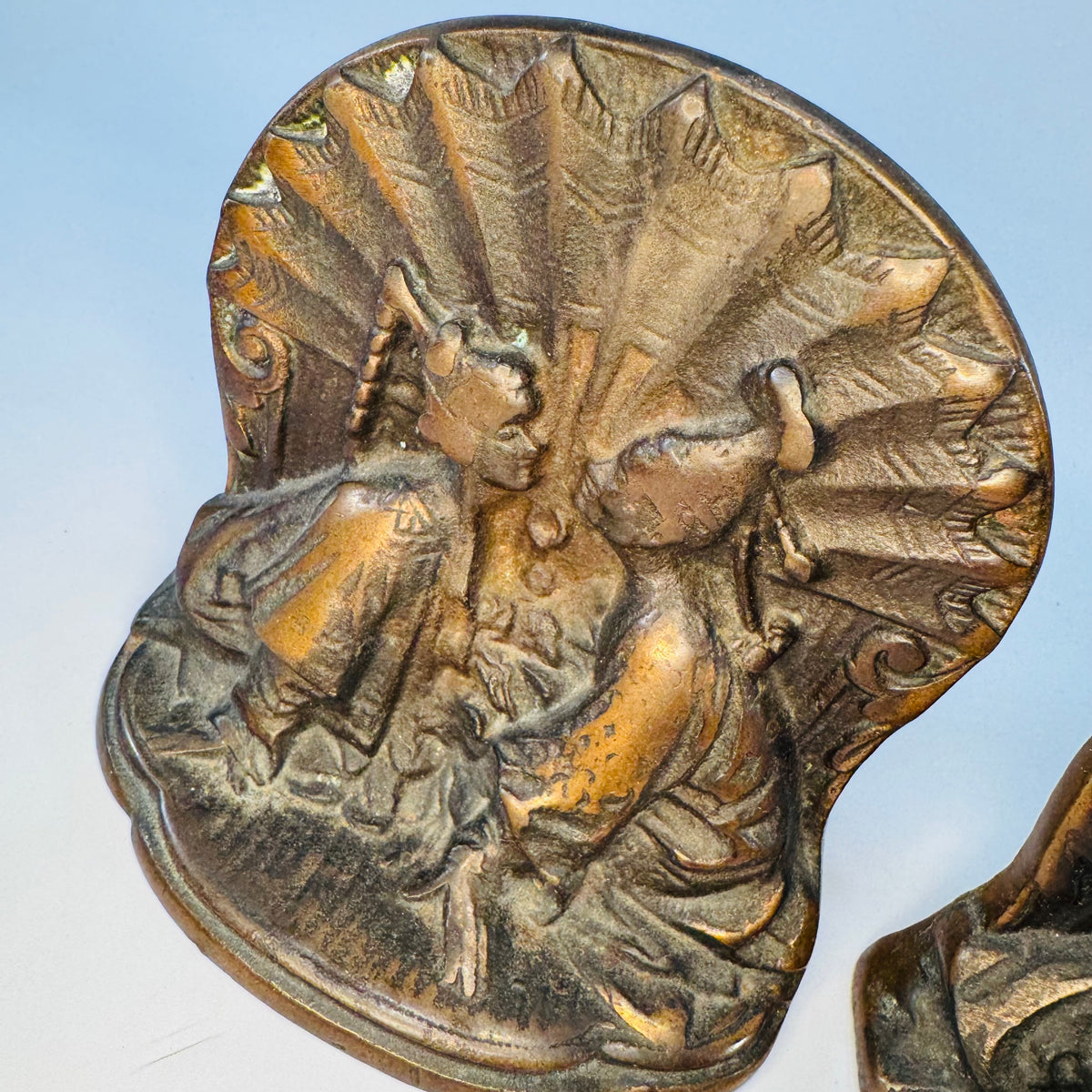 Antique Art Deco Siam Lovers Bookends, Kissing Couple Cast Metal Bookends, 1920s 1930s Copper Finish Library Decor Pair