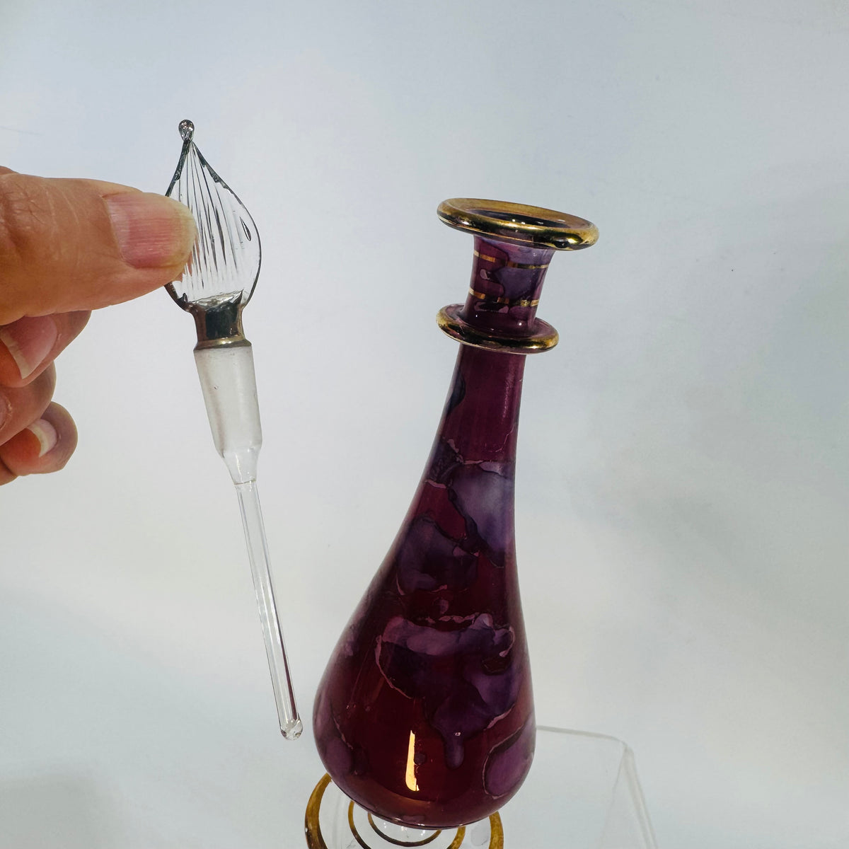 Vintage Purple Hand Blown Perfume Bottle Glass Dauber Gold Trim 7 Inch Egyptian Style Vanity Bottle