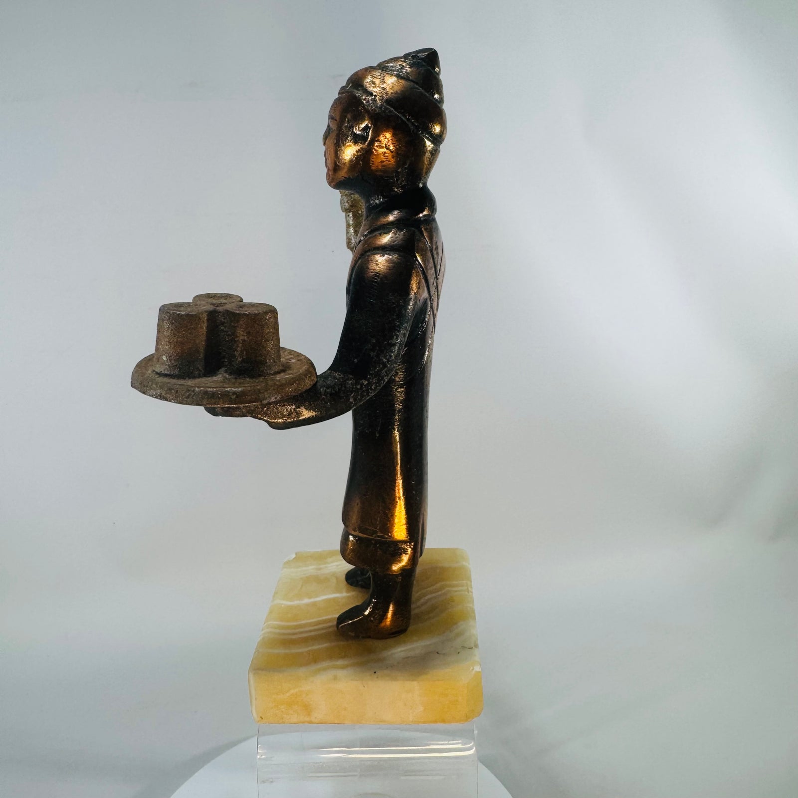 Vintage Bronze Pewter Merchant Sculpture on Marble Base Middle Eastern Tea Seller Figure 1950s