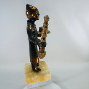 Vintage Bronze Pewter Merchant Sculpture on Marble Base Middle Eastern Tea Seller Figure 1950s