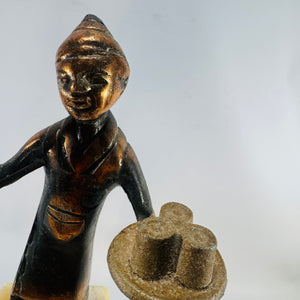 Vintage Bronze Pewter Merchant Sculpture on Marble Base Middle Eastern Tea Seller Figure 1950s