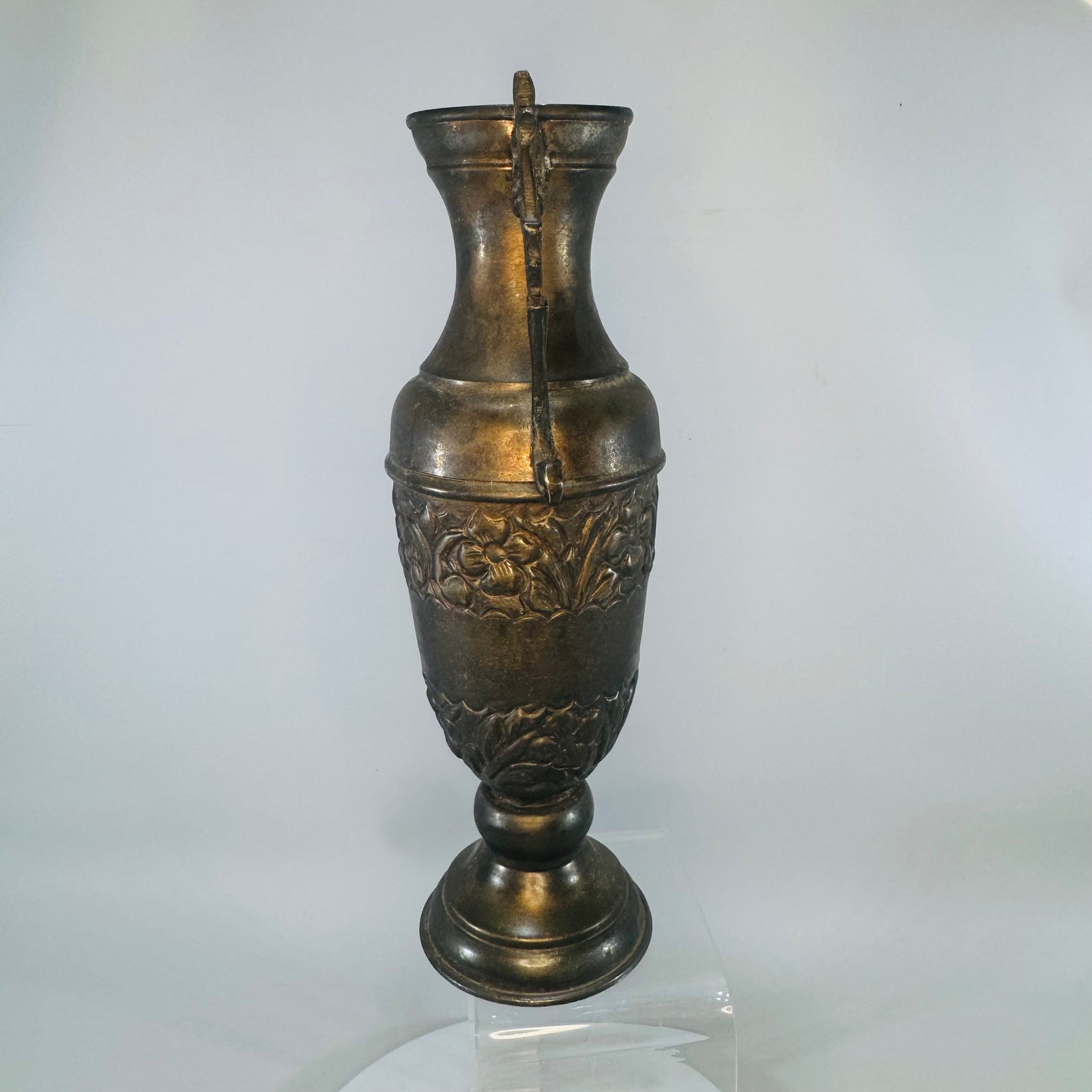 Vintage Brass Urn-Shaped Vase Floral Repoussé Double Handles Aged Patina Victorian Revival