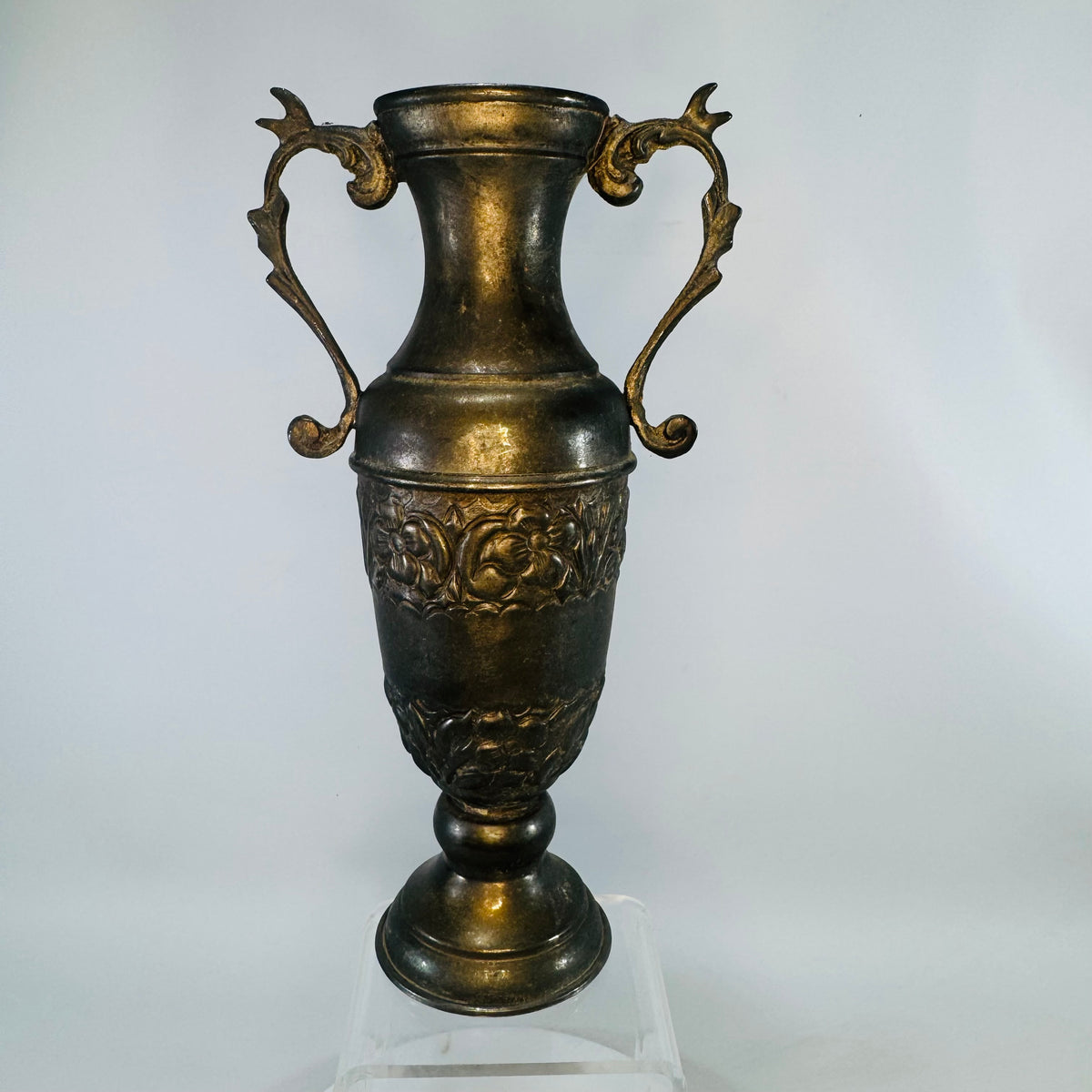 Vintage Brass Urn-Shaped Vase Floral Repoussé Double Handles Aged Patina Victorian Revival