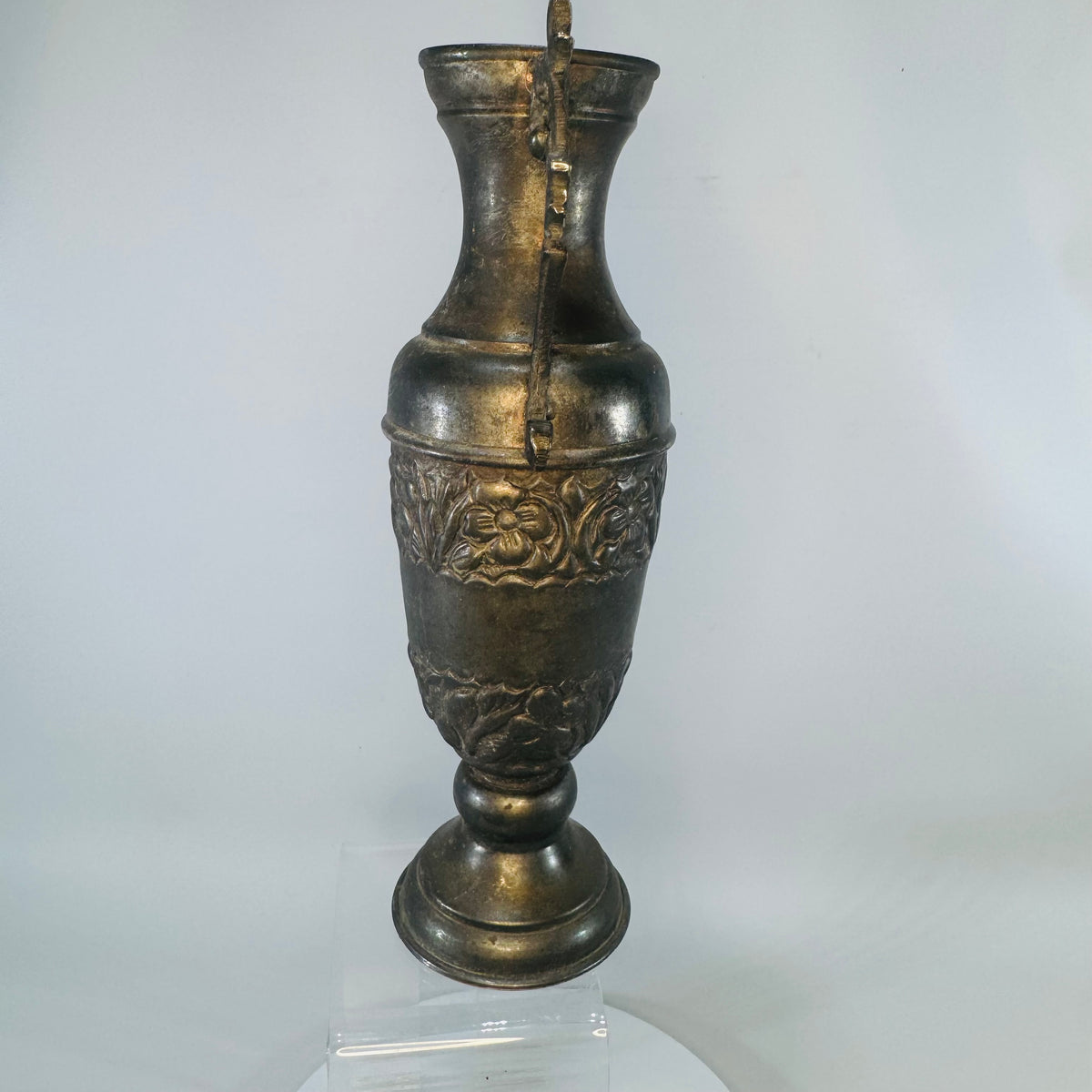 Vintage Brass Urn-Shaped Vase Floral Repoussé Double Handles Aged Patina Victorian Revival