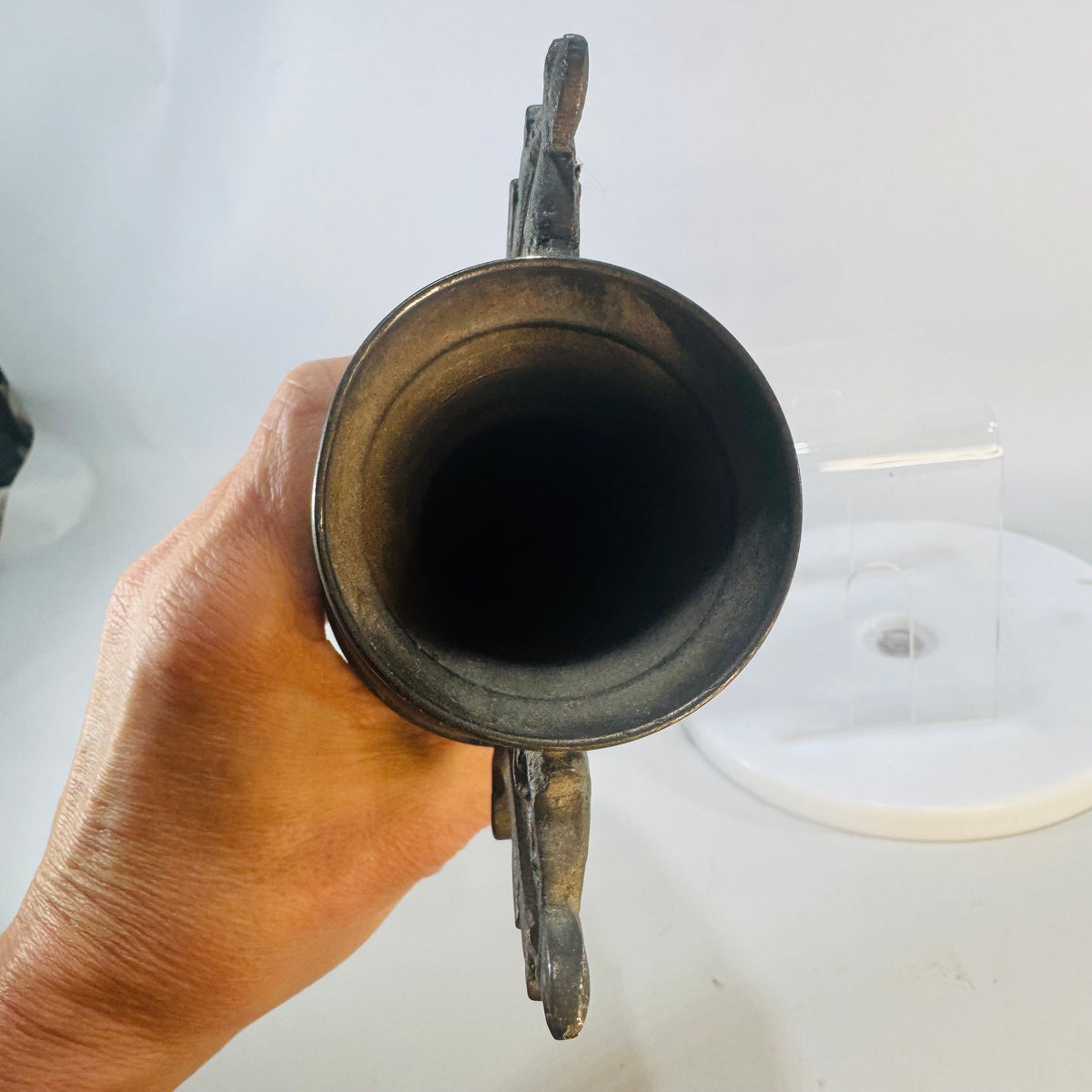 Vintage Brass Urn-Shaped Vase Floral Repoussé Double Handles Aged Patina Victorian Revival