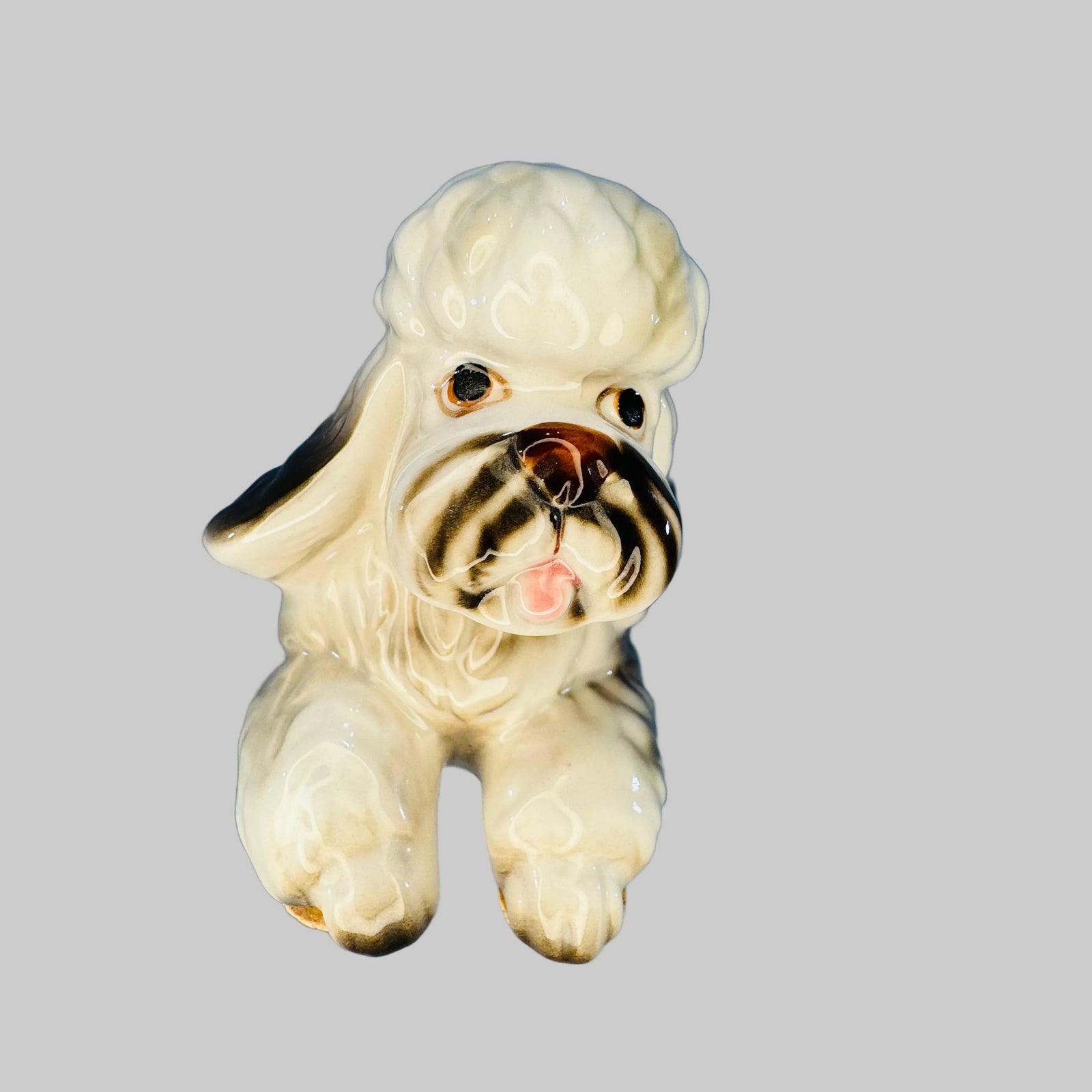 Vintage Lefton Poodle Ceramic Dog Figurine White Curly Coat Black Accents Korea 04714 4x3x2 Mid Century Decor