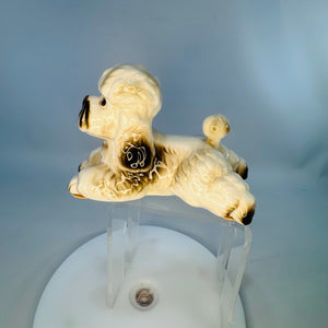 Vintage Lefton Poodle Ceramic Dog Figurine White Curly Coat Black Accents Korea 04714 4x3x2 Mid Century Decor