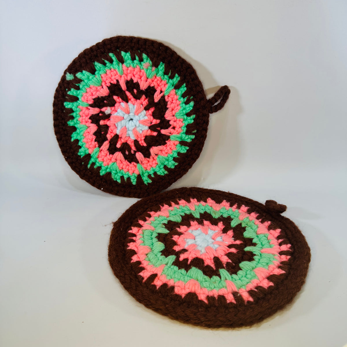 Vintage Crochet Mandala Potholders Set of 2, Round Brown Pink Green Hot Pads, Handmade Retro Trivets, 7 Inch Boho Kitchen Decor