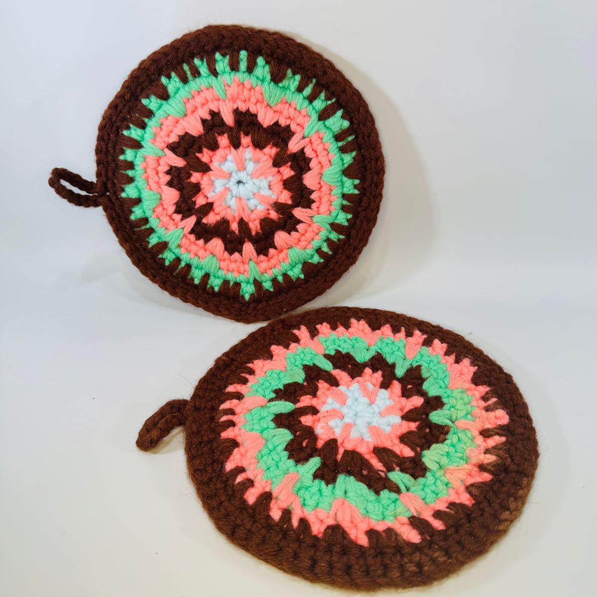 Vintage Crochet Mandala Potholders Set of 2, Round Brown Pink Green Hot Pads, Handmade Retro Trivets, 7 Inch Boho Kitchen Decor