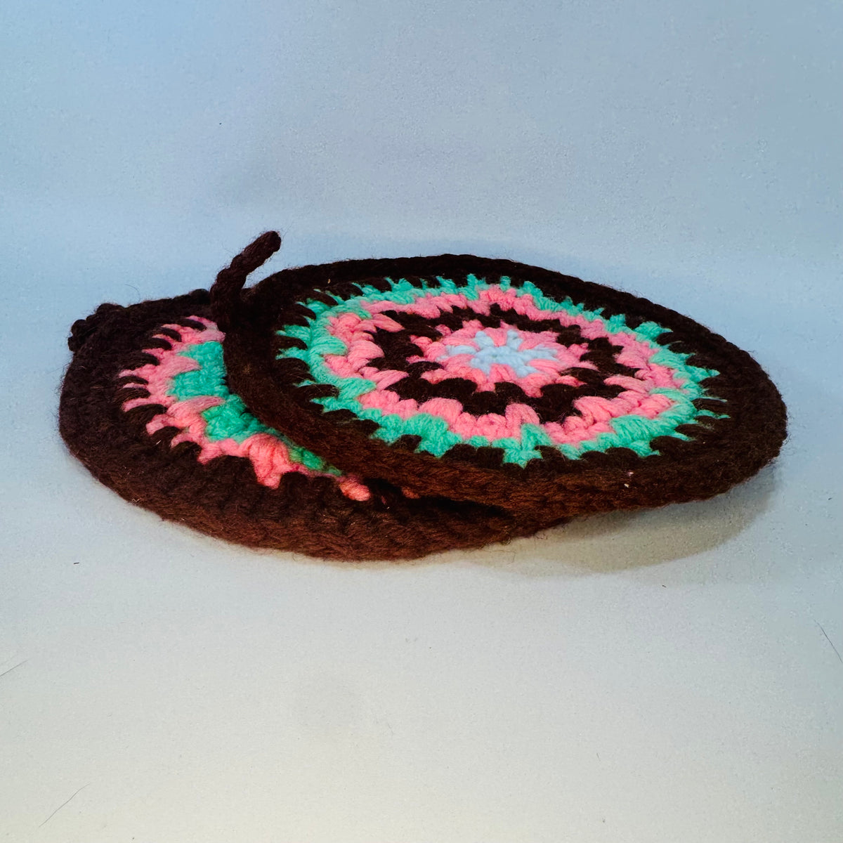 Vintage Crochet Mandala Potholders Set of 2, Round Brown Pink Green Hot Pads, Handmade Retro Trivets, 7 Inch Boho Kitchen Decor