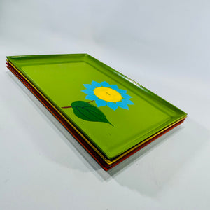 Vintage DABS Melamine Snack Trays Set of 4, 1960s Flower Power Rectangular Plates, Retro Daisy Serving Trays, 8x5 Japan