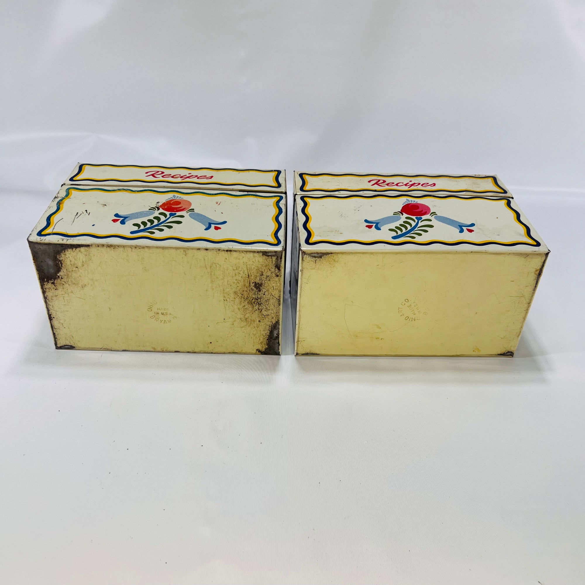 Pair of Vintage Floral Metal Ohio Art Recipe Boxes Crammed Full of Recipe Cards Estate Sale Find