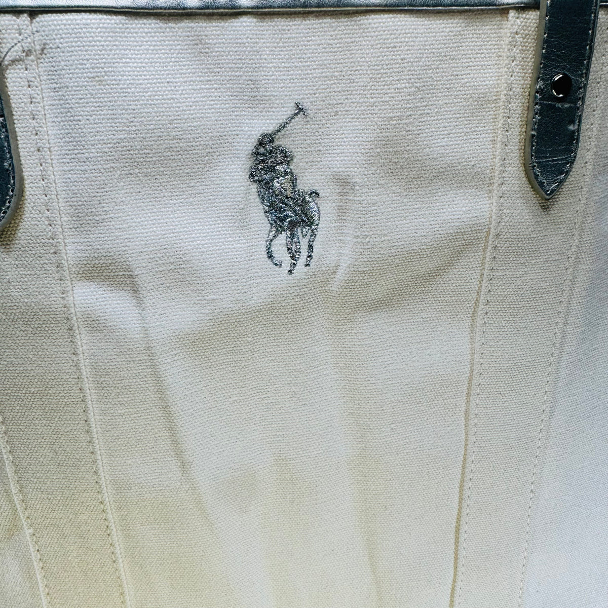 Ralph Lauren Fragrances Ivory Canvas Tote Silver Trim Big Pony