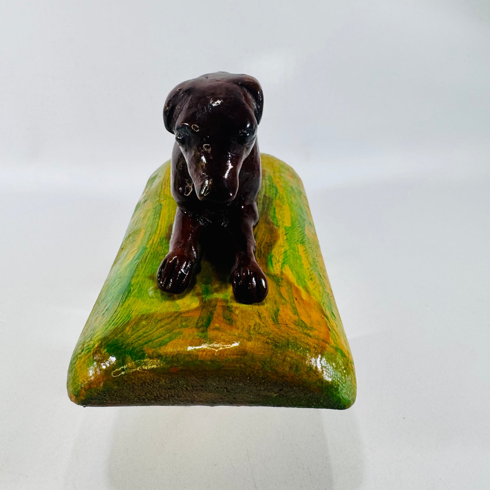 G.S. Signed Folk Art Wooden Dog Sculpture 1964 Painted Wood