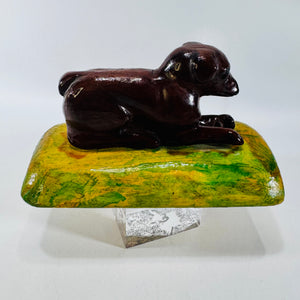 G.S. Signed Folk Art Wooden Dog Sculpture 1964 Painted Wood