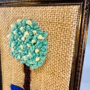 Vintage Yarn Tree Framed Fiber Art on Burlap 1970s Style