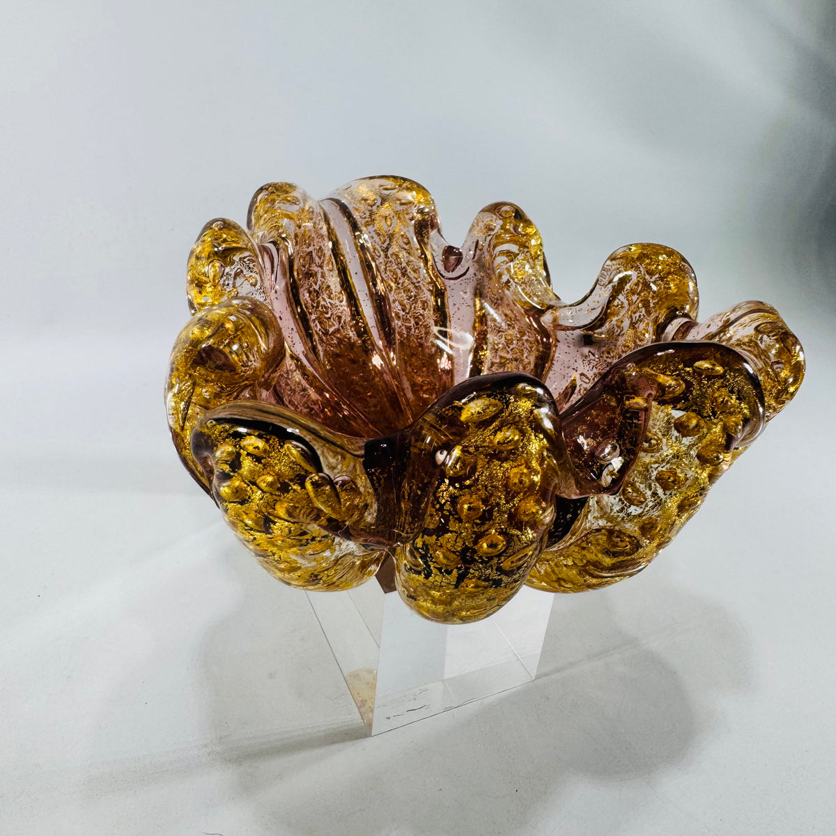 Murano Style Gold Fleck Pink Art Glass Leaf Bowl Ashtray