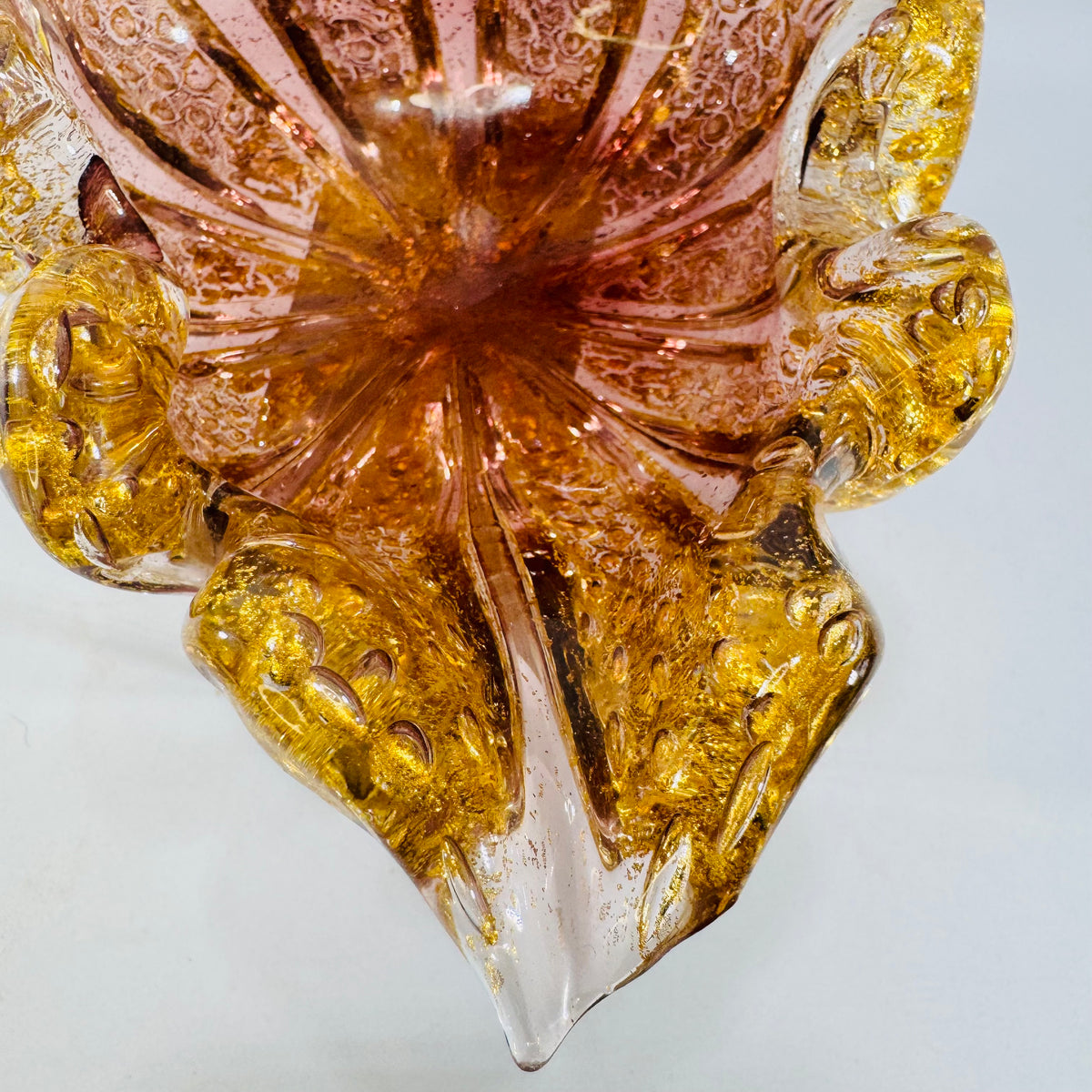 Murano Style Gold Fleck Pink Art Glass Leaf Bowl Ashtray