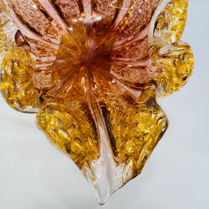 Murano Style Gold Fleck Pink Art Glass Leaf Bowl Ashtray
